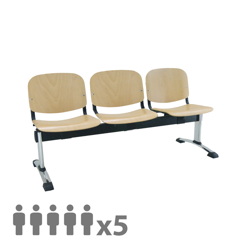 [045206] Banqueta con asientos de madera 5 plazas y patas cromadas - Dim.: 2500x600x770h mm - Madera