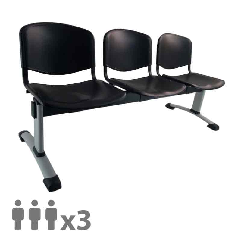 [045231] Banqueta con asientos de polipropileno 3 plazas y patas grises - Dim.: 1500x600x770h mm - Negro