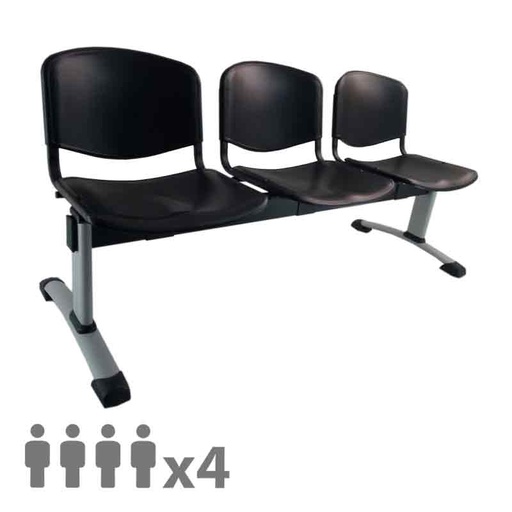 [045243] Banqueta con asientos de polipropileno 4 plazas y patas grises - Dim.: 2000x600x770h mm - Negro