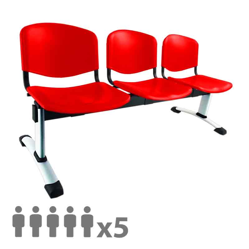 [045261] Banqueta con asientos de polipropileno 5 plazas y patas cromadas - Dim.: 2500x600x770h mm - Rojo