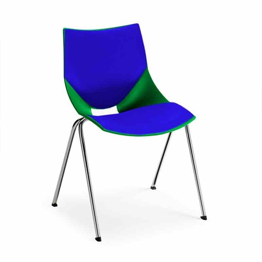[045382] Silla monoblock de polipropileno verde tapizada en azul y patas cromadas - Dim.: 530x420x770h mm - Verde