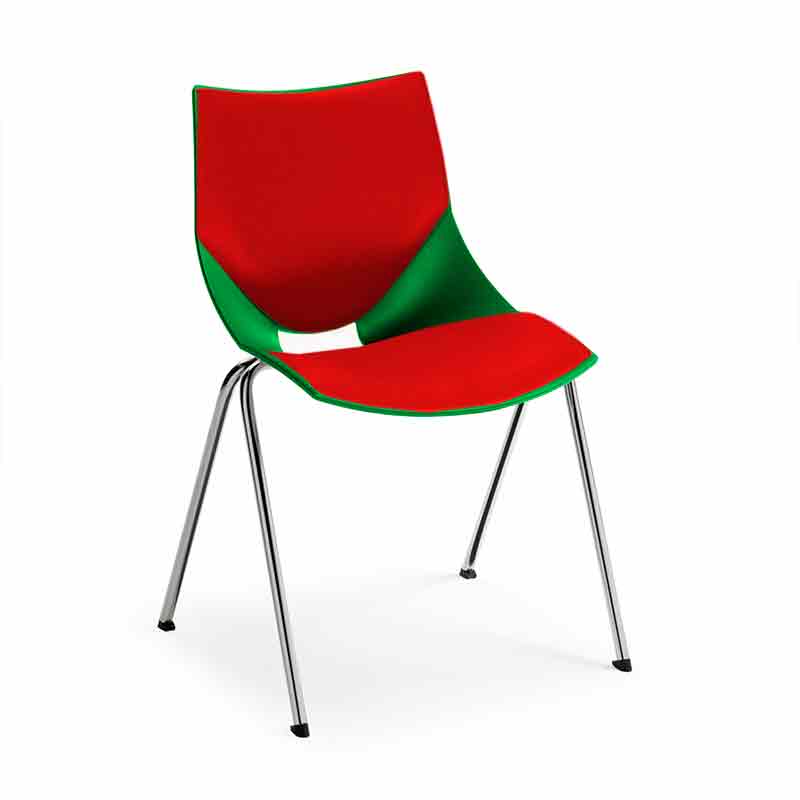 [045383] Silla monoblock de polipropileno verde tapizada en rojo y patas cromadas - Dim.: 530x420x770h mm - Verde
