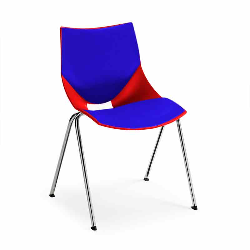 [045386] Silla monoblock de polipropileno rojo tapizada en azul y patas cromadas - Dim.: 530x420x770h mm - Rojo