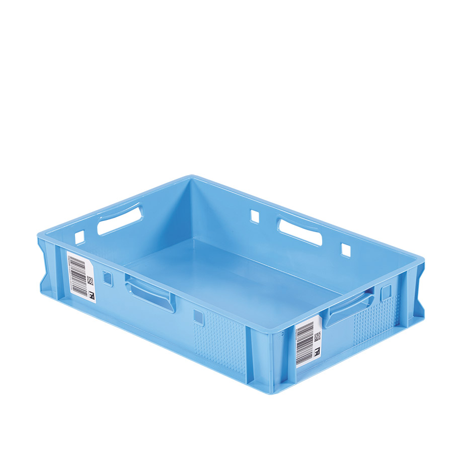 [045459] Caja plástica para industria cárnica con fondo y paredes lisas y 4 asas abiertas - Dim.: 600x400x125h mm - Azul claro