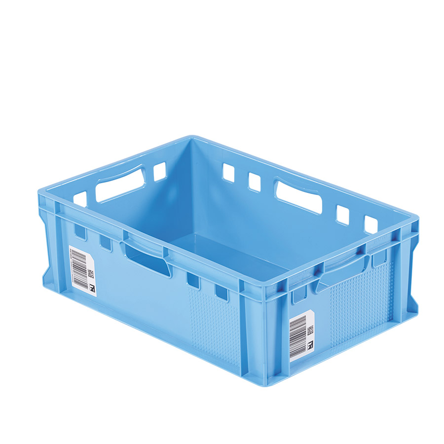 [045460] Caja plástica para industria cárnica con fondo y paredes lisas y 4 asas abiertas - Dim.: 600x400x200h mm - Azul claro