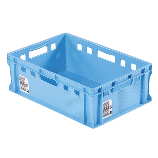 [045460] Caja plástica para industria cárnica con fondo y paredes lisas y 4 asas abiertas - Dim.: 600x400x200h mm - Azul claro