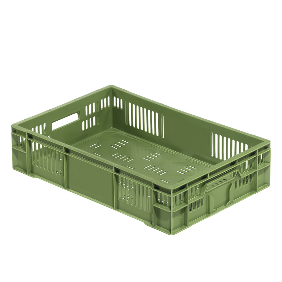 [045467] Caja plástica para fruta y verdura con fondo y paredes perforadas y asas abiertas - Dim.: 600x400x140h mm - Verde