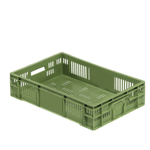 [045467] Caja plástica para fruta y verdura con fondo y paredes perforadas y asas abiertas - Dim.: 600x400x140h mm - Verde