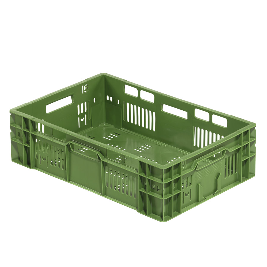 [045468] Caja plástica para fruta y verdura con fondo y paredes perforadas y asas abiertas - Dim.: 600x400x170h mm - Verde