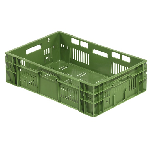 [045468] Caja plástica para fruta y verdura con fondo y paredes perforadas y asas abiertas - Dim.: 600x400x170h mm - Verde