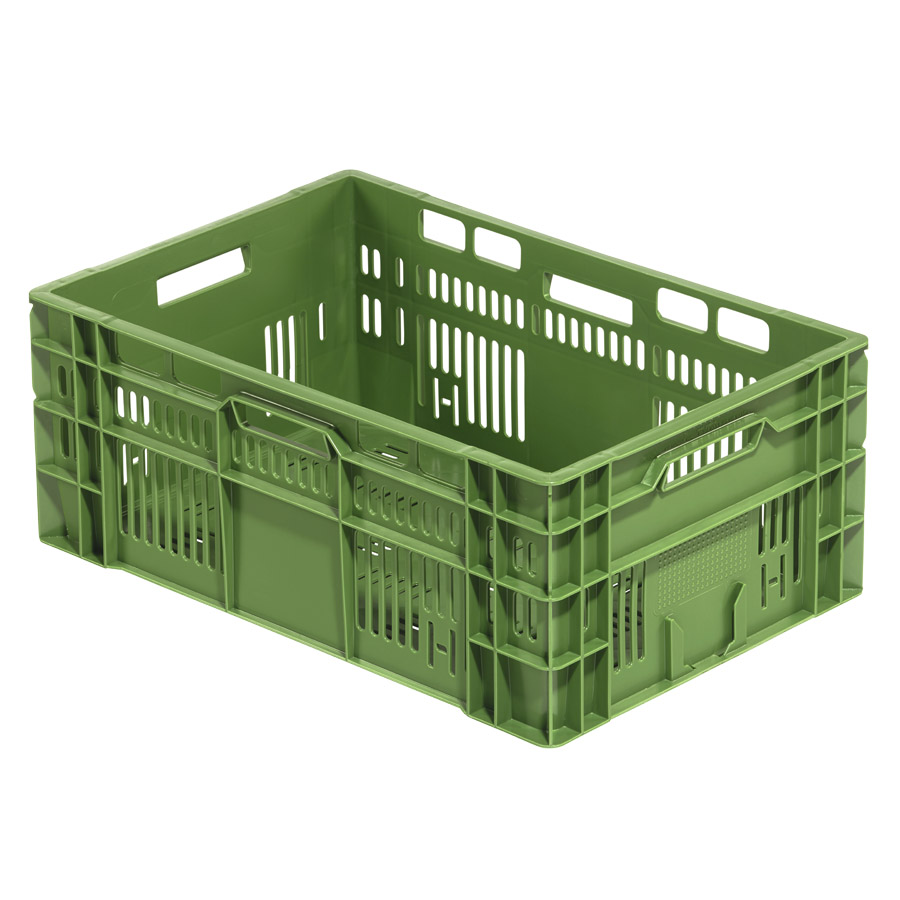 [045470] Caja plástica para fruta y verdura con fondo y paredes perforadas y asas abiertas - Dim.: 600x400x240h mm - Verde