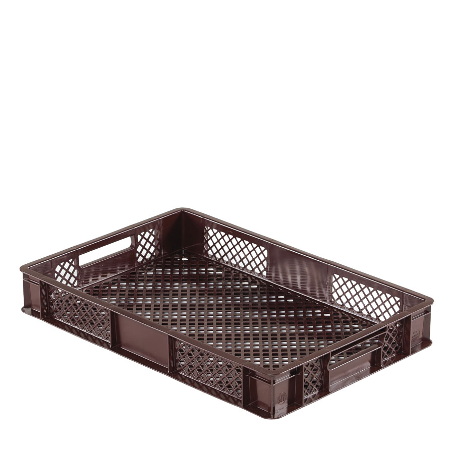[045472] Caja plástica para pan con fondo y paredes perforadas y asas abiertas - Dim.: 600x400x90h mm - Marrón