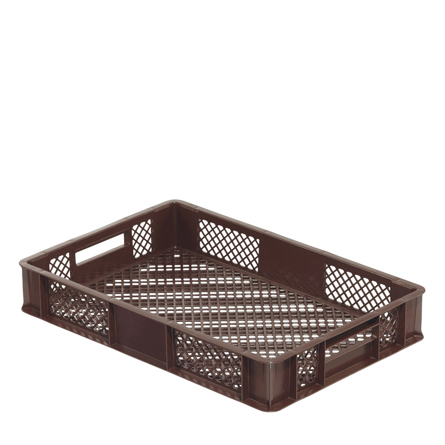 [045473] Caja plástica para pan con fondo y paredes perforadas y asas abiertas - Dim.: 600x400x100h mm - Marrón