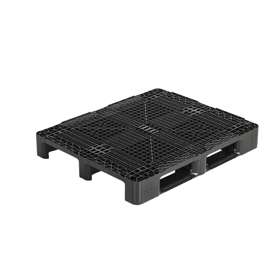 [045502] Palet plástico industrial con superficie rejada y 3 patines - Carga max. 4.000 Kg - Dim.: 1200x1000x160h mm - Gris oscuro