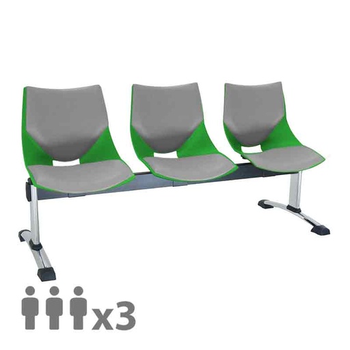 [045539] Banqueta con asientos plásticos monoblock verdes tapizados en gris y patas cromadas - 3 plazas - Dim.: 1500x600x770h mm