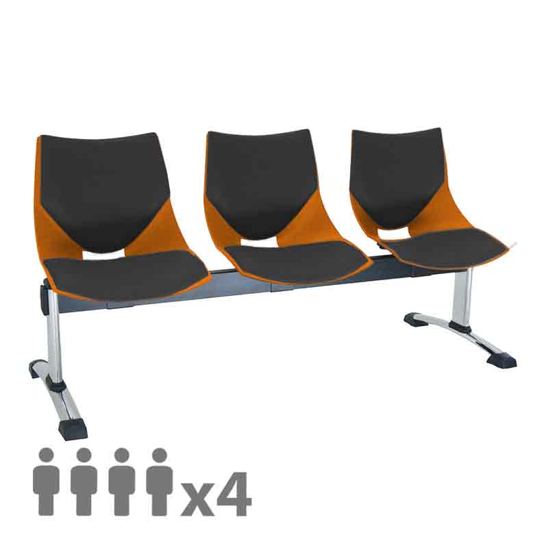 [045556] Banqueta con asientos plásticos monoblock naranjas tapizados en negro y patas cromadas - 4 plazas - Dim.: 2000x600x770h mm