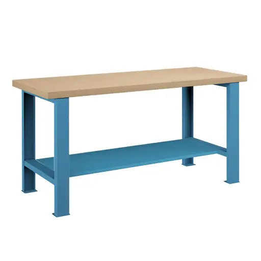 [045610] Banco de trabajo estándar - Dim.: 1500x750x840h mm - Encimera Multiplex, 2 patas, 1 estante inferior  metálico - Azul ral 5012