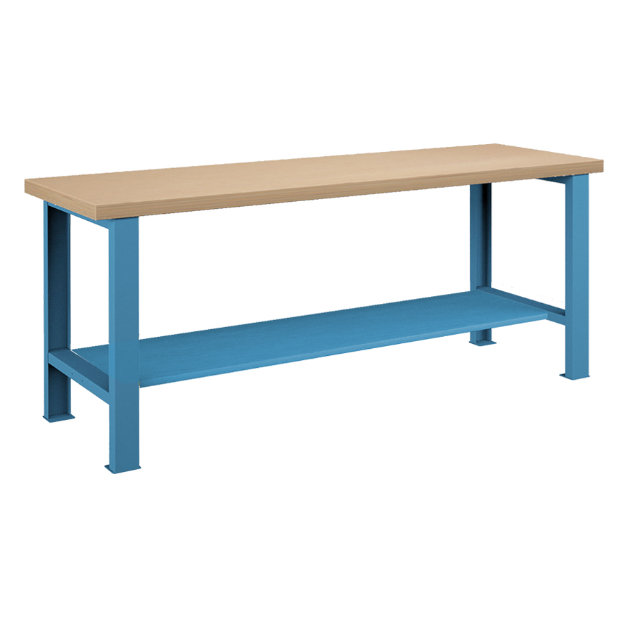 [045611] Banco de trabajo estándar - Dim.: 2000x750x840h mm - Encimera Multiplex, 2 patas, 1 estante inferior metálico - Azul ral 5012