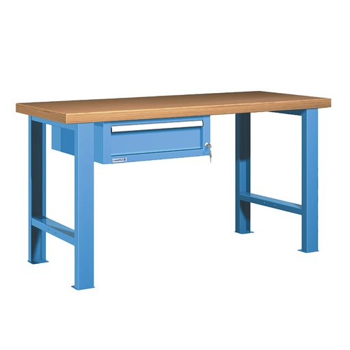 [045612] Banco de trabajo estándar - Dim.: 1500x750x840h mm - Encimera Multiplex, 2 patas, 1 cajón - Azul ral 5012
