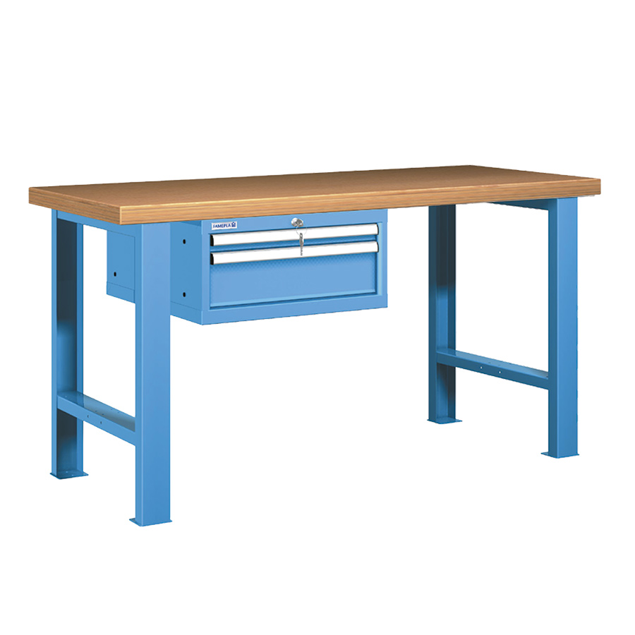 [045614] Banco de trabajo estándar - Dim.: 1500x750x840h mm - Encimera Multiplex, 2 patas, 1 armario 283h mm - Azul ral 5012