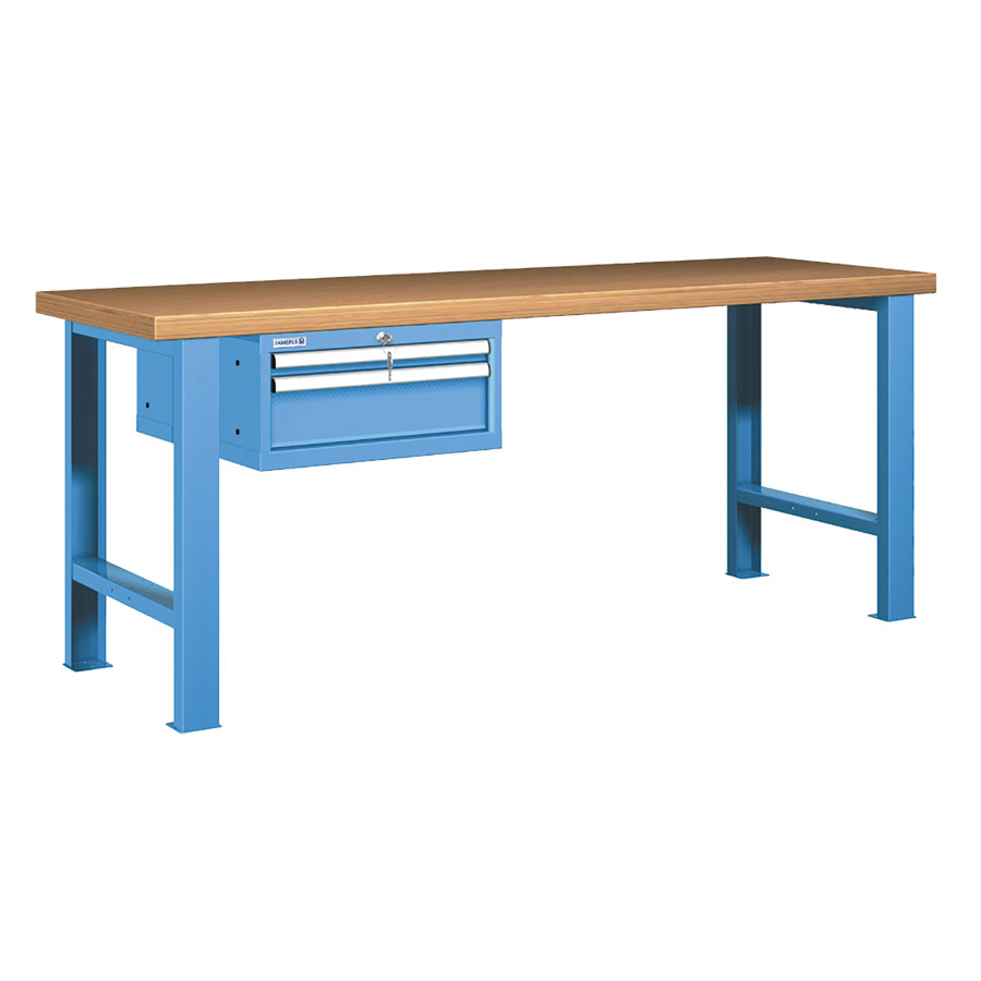 [045615] Banco de trabajo estándar - Dim.: 2000x750x840h mm - Encimera Multiplex, 2 patas, 1 armario 283h mm - Azul ral 5012