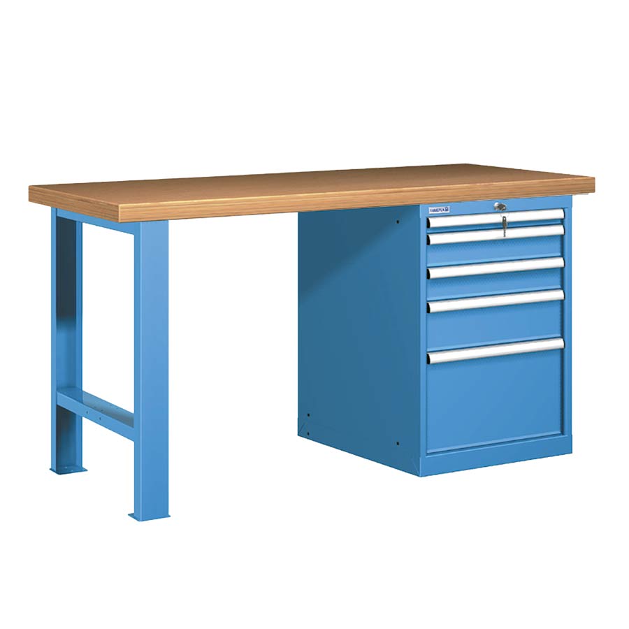 [045618] Banco de trabajo estándar - Dim.: 1500x750x840h mm - Encimera Multiplex, 1 pata, 1 armario - Azul ral 5012