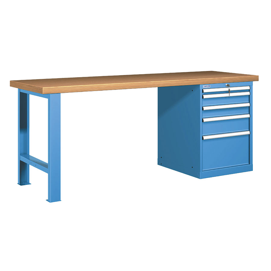[045619] Banco de trabajo estándar - Dim.: 2000x750x840h mm - Encimera Multiplex, 1 pata, 1 armario - Azul ral 5012