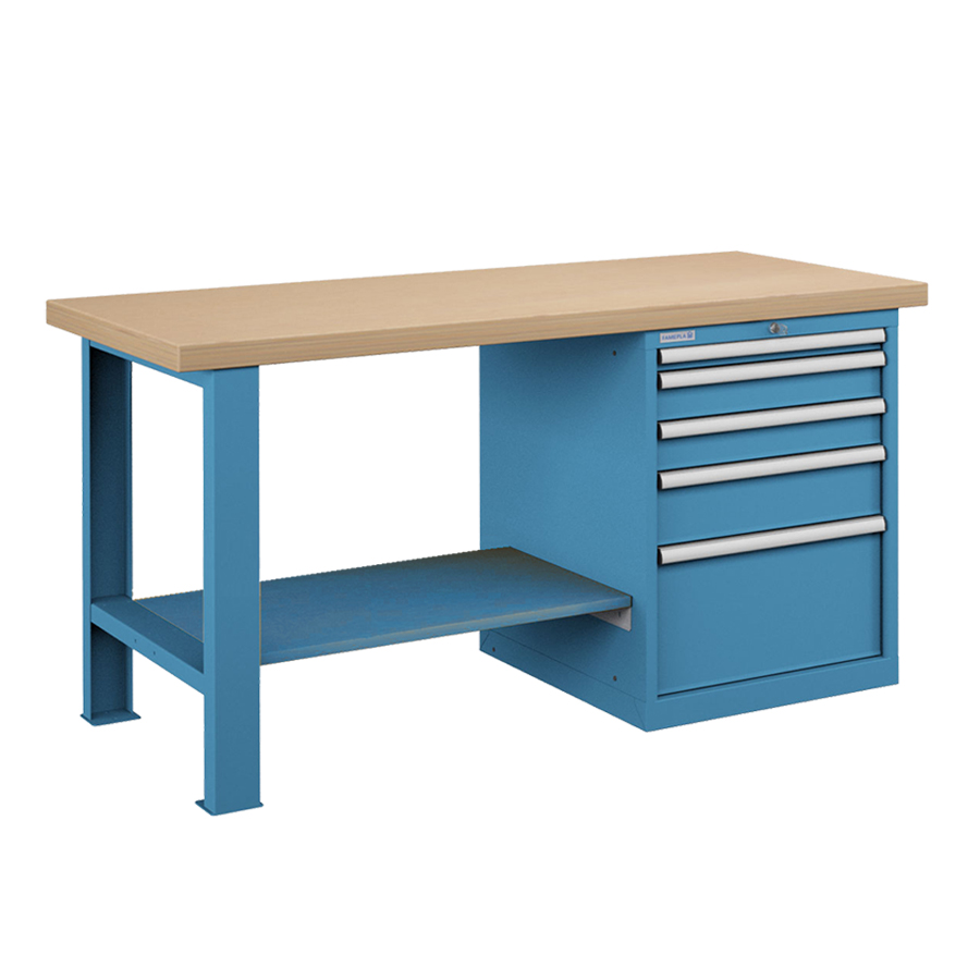 [045620] Banco de trabajo estándar - Dim.: 1500x750x840h mm - Encimera Multiplex, 1 pata, 1 armario, 1 estante inferior  metálico - Azul ral 5012