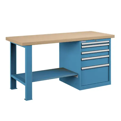 [045620] Banco de trabajo estándar - Dim.: 1500x750x840h mm - Encimera Multiplex, 1 pata, 1 armario, 1 estante inferior  metálico - Azul ral 5012