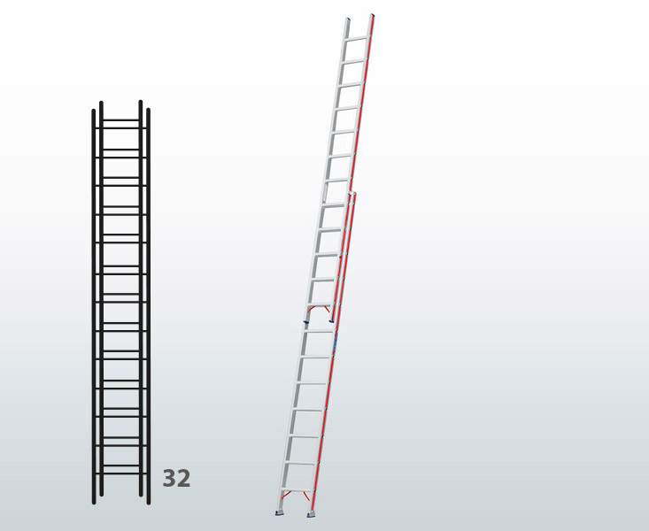 [045799] Escalera manual de dos tramos extensibles para uso profesional con 32 peldaños - Dim.: 425 x 9220h mm - Aluminio