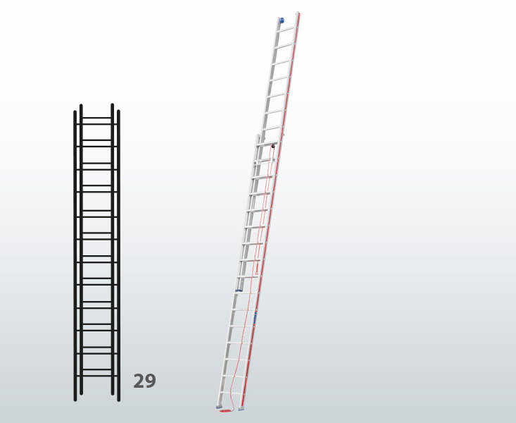 [045801] Escalera de dos tramos extensibles mediante cuerda para uso profesional con 29 peldaños - Dim.: 425 x 8380h mm - Aluminio
