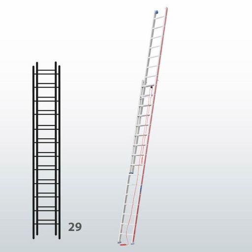[045801] Escalera de dos tramos extensibles mediante cuerda para uso profesional con 29 peldaños - Dim.: 425 x 8380h mm - Aluminio