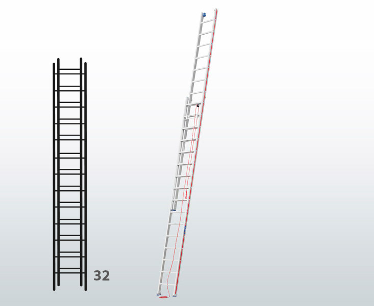 [045802] Escalera de dos tramos extensibles mediante cuerda para uso profesional con 32 peldaños - Dim.: 425 x 9240h mm - Aluminio