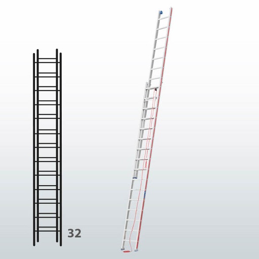 [045802] Escalera de dos tramos extensibles mediante cuerda para uso profesional con 32 peldaños - Dim.: 425 x 9240h mm - Aluminio