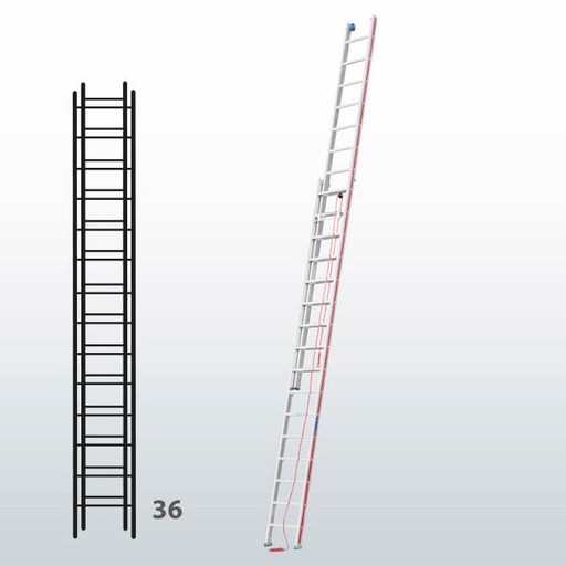[045803] Escalera de dos tramos extensibles mediante cuerda para uso profesional con 36 peldaños - Dim.: 425 x 10340h mm - Aluminio