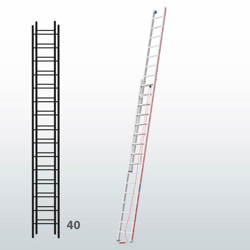 [045804] Escalera de dos tramos extensibles mediante cuerda para uso profesional con 40 peldaños - Dim.: 425 x 11460h mm - Aluminio