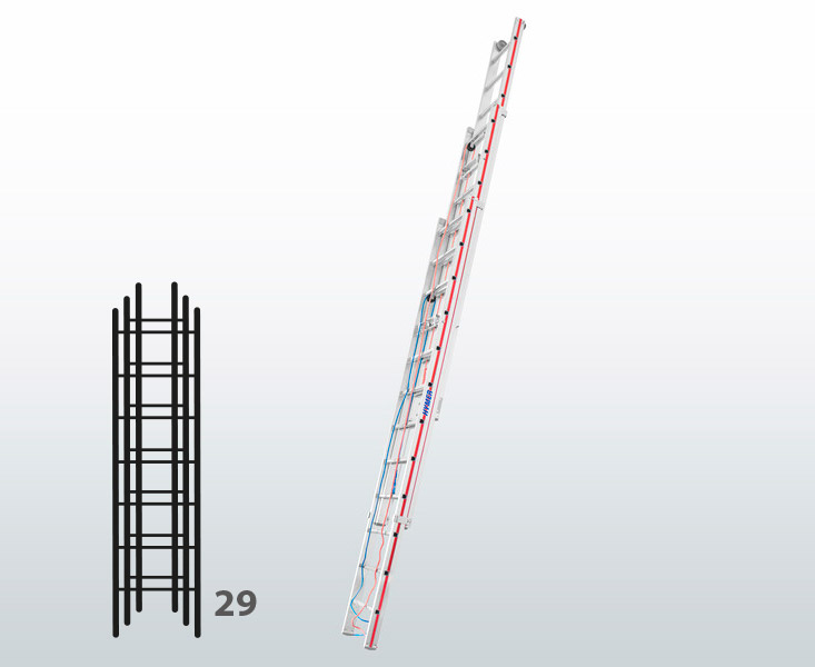 [045805] Escalera manual de tres tramos extensibles con cuerda para uso industrial con 29 peldaños - Dim.: 490 x 8330h mm - Aluminio