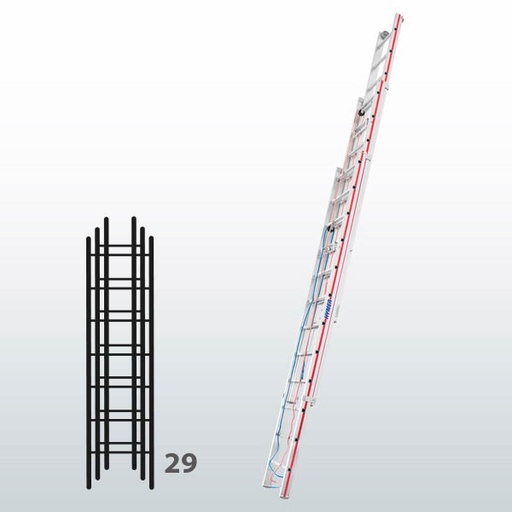 [045805] Escalera manual de tres tramos extensibles con cuerda para uso industrial con 29 peldaños - Dim.: 490 x 8330h mm - Aluminio