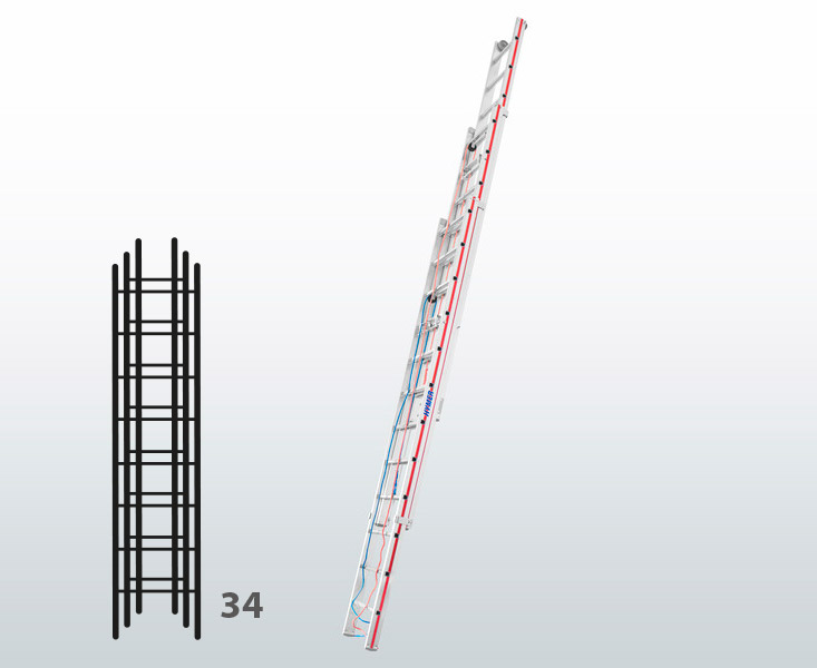 [045806] Escalera manual de tres tramos extensibles con cuerda para uso industrial con 34 peldaños - Dim.: 490 x 9760h mm - Aluminio
