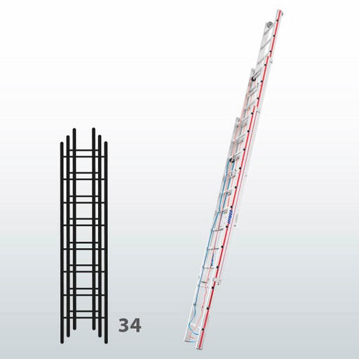 [045806] Escalera manual de tres tramos extensibles con cuerda para uso industrial con 34 peldaños - Dim.: 490 x 9760h mm - Aluminio