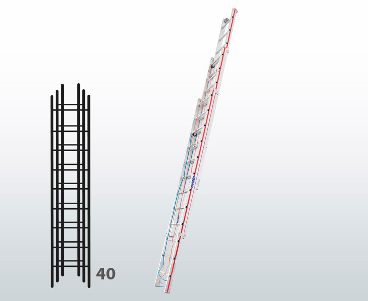 [045807] Escalera manual de tres tramos extensibles con cuerda para uso industrial con 40 peldaños - Dim.: 490 x 11440h mm - Aluminio