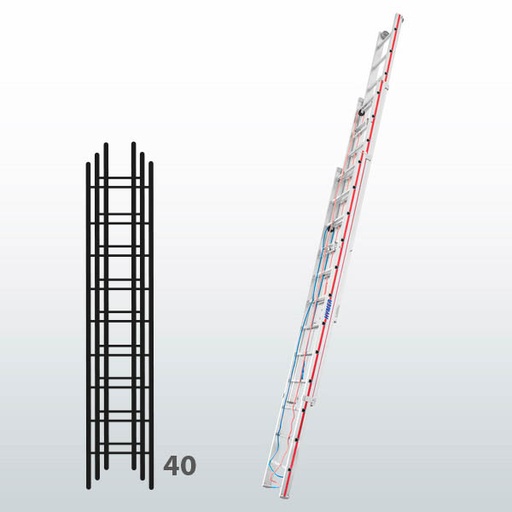 [045807] Escalera manual de tres tramos extensibles con cuerda para uso industrial con 40 peldaños - Dim.: 490 x 11440h mm - Aluminio