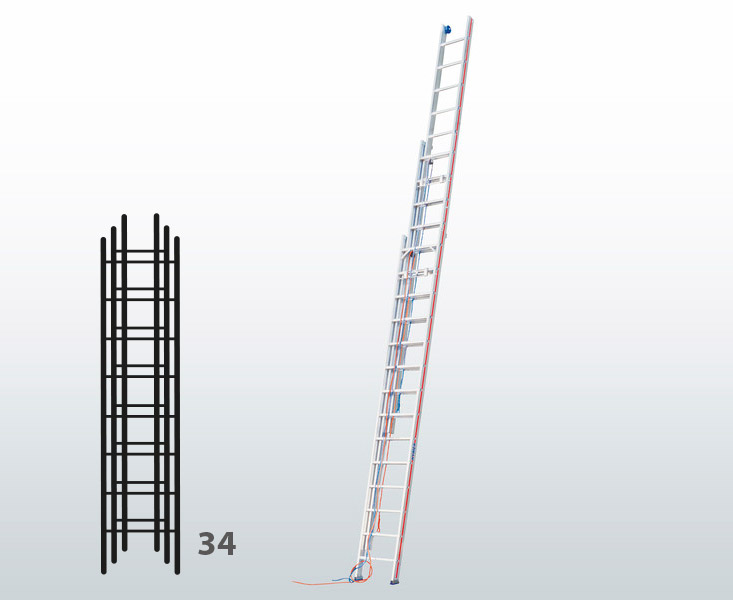[045808] Escalera manual de tres tramos extensibles con cuerda para uso profesional con 34 peldaños - Dim.: 490 x 9800h mm - Aluminio