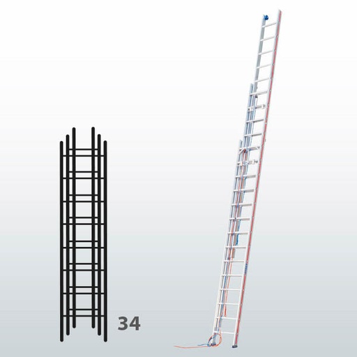 [045808] Escalera manual de tres tramos extensibles con cuerda para uso profesional con 34 peldaños - Dim.: 490 x 9800h mm - Aluminio