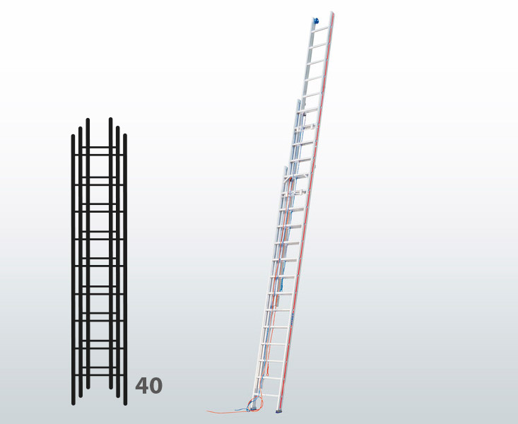 [045809] Escalera manual de tres tramos extensibles con cuerda para uso profesional con 40 peldaños - Dim.: 490 x 11460h mm - Aluminio