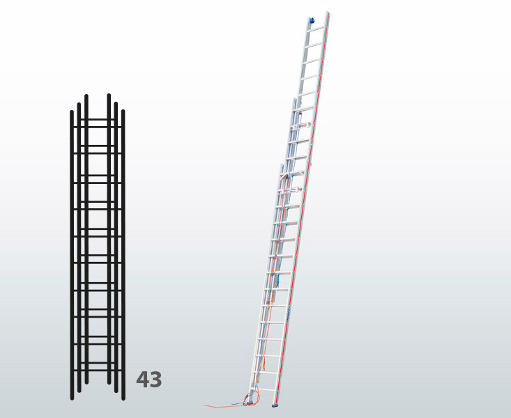 [045810] Escalera manual de tres tramos extensibles con cuerda para uso profesional con 43 peldaños - Dim.: 490 x 12300h mm - Aluminio