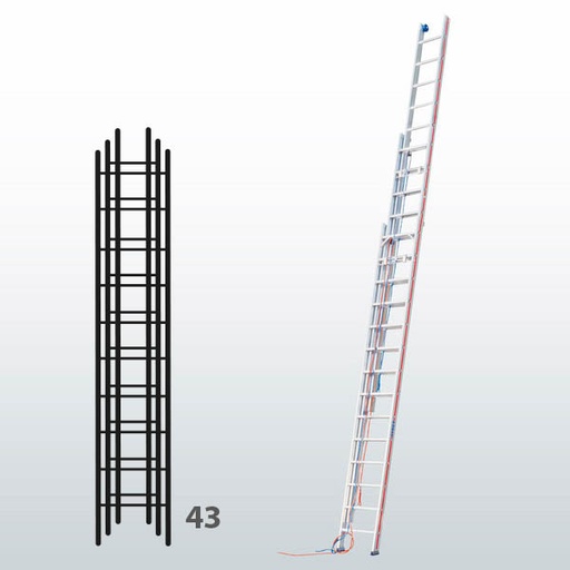 [045810] Escalera manual de tres tramos extensibles con cuerda para uso profesional con 43 peldaños - Dim.: 490 x 12300h mm - Aluminio