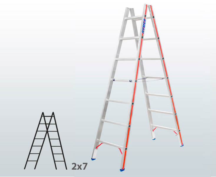 [045813] Escalera manual de tijera con acceso doble para uso industrial con 2x7 peldaños - Aluminio 