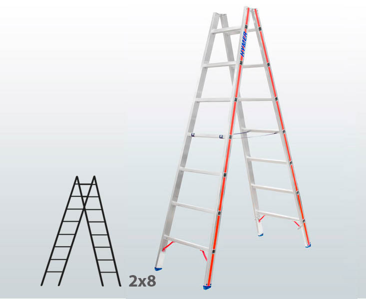 [045814] Escalera manual de tijera con acceso doble para uso industrial con 2x8 peldaños - Aluminio 