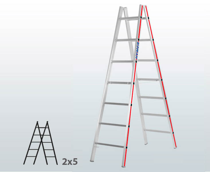 [045817] Escalera manual de tijera con acceso doble para uso profesional con 2x5 peldaños - Aluminio 